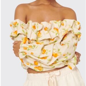 CAMI NYC Womens Cala Off The Shoulder Peach Vine Ruffle Crop Top Small
